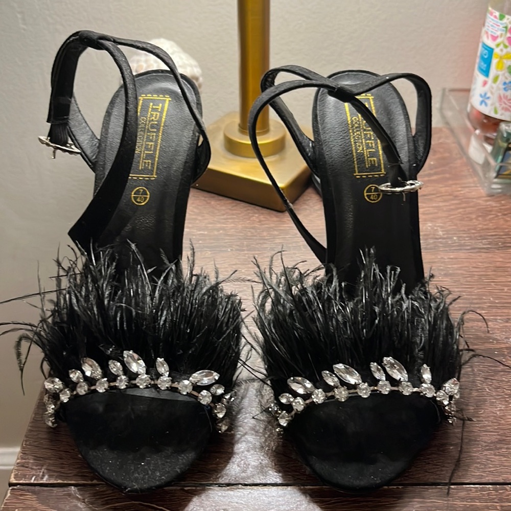 Black Feather and crystal peep toe heels